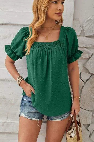 Swiss Dot Smocked Square Neck Short Sleeve T-Shirt Green Women's T-Shirts - Tophatter Daily Deals